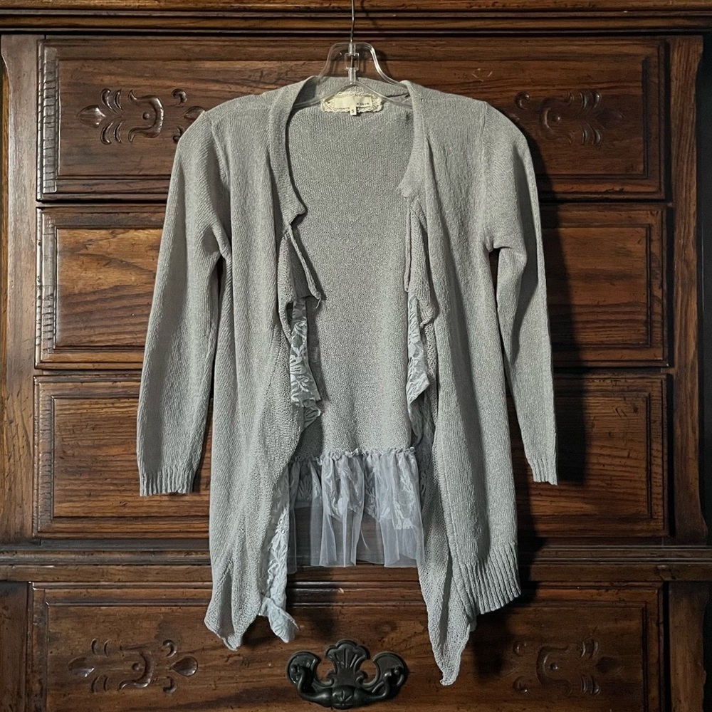 A'Reve Light Gray Ruffle and Lace Cardigan - Picture 1 of 9